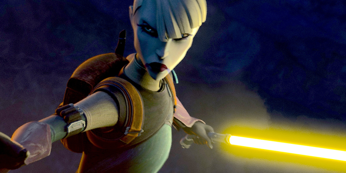 Asajj Ventress with a yellow lightsaber in Star Wars: The Bad Batch Season 3