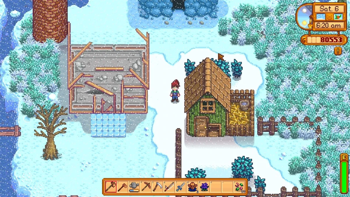 Screenshot of a farm in Stardew Valley with the greenhouse not yet repaired