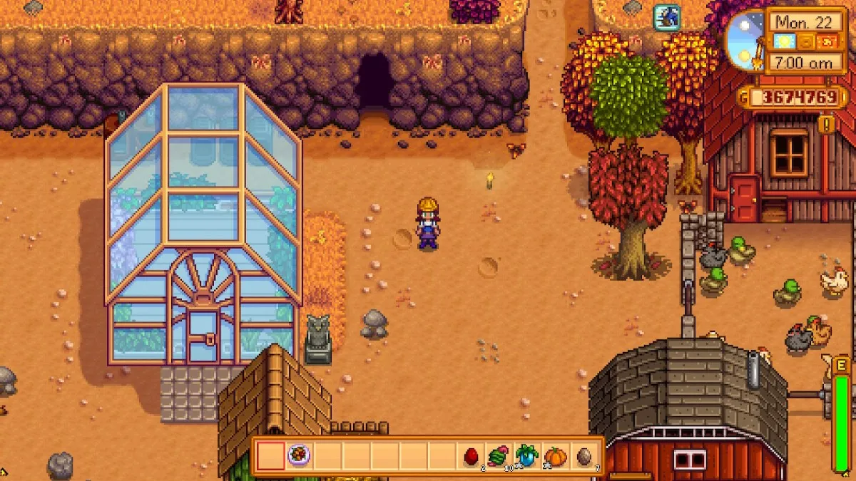 Screenshot of Stardew Valley farm, showing the repaired greenhouse