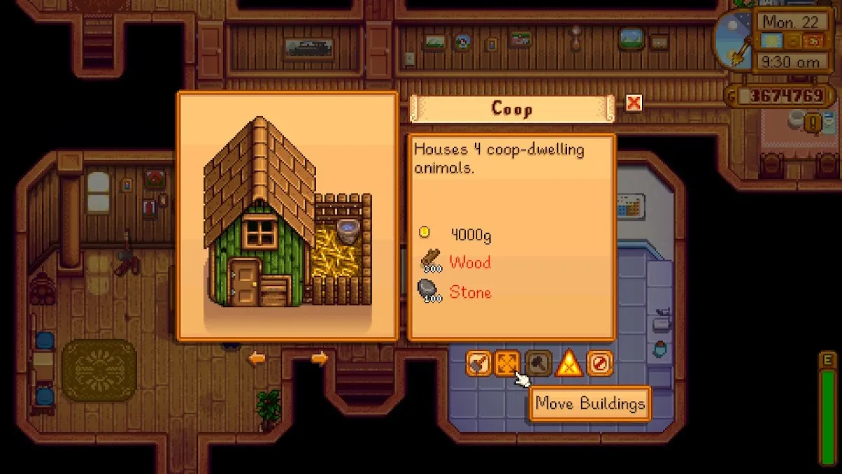 Image of the Construct Buildings menu in Stardew Valley, with cursor hovering over the "move buildings" option