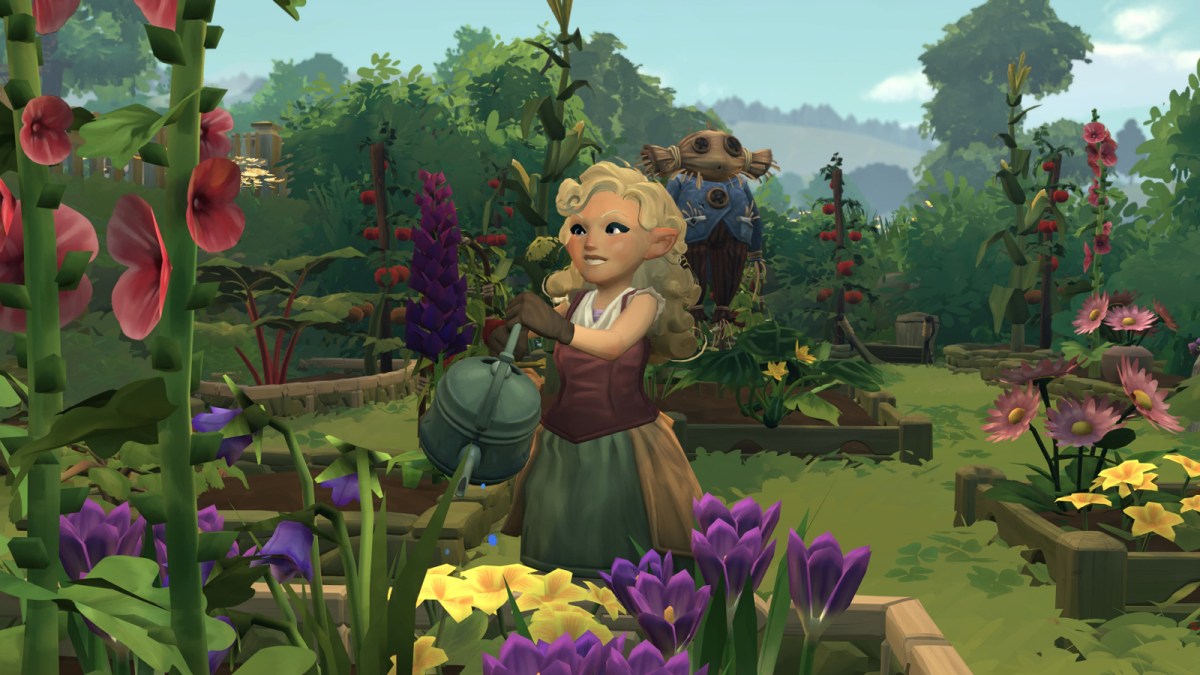 A female Hobbit gardening in Tales of the Shire
