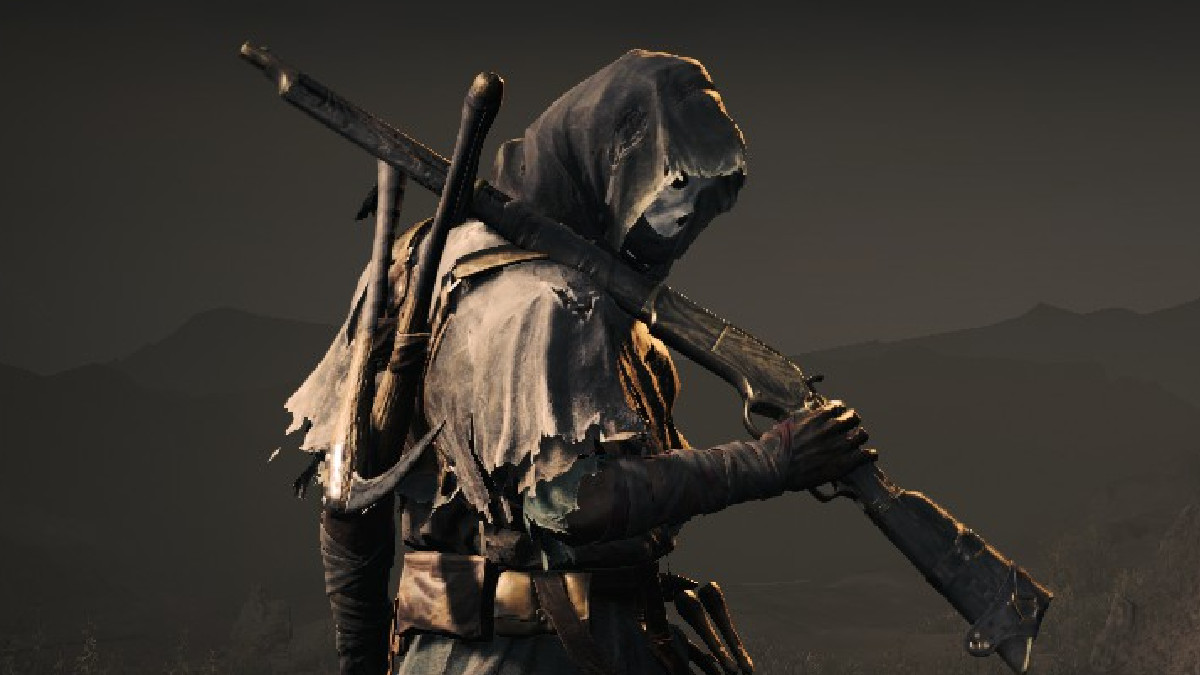 The Reaper in the main menu screen of Hunt: Showdown with a rifle slung over their shoulder.