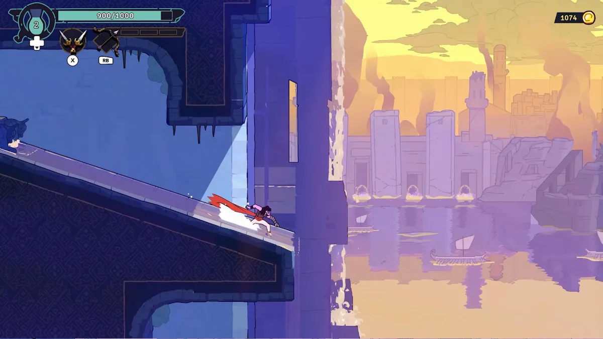The Prince sliding down a ledge in The Rouge: Prince of Persia