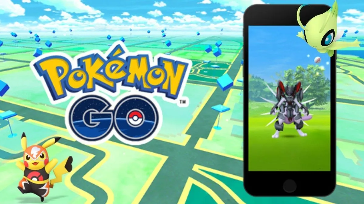 Image of the Pokemon GO map with a phone showing Armored Mewtwo. In the background we also see Pikachu Libre and Celebi