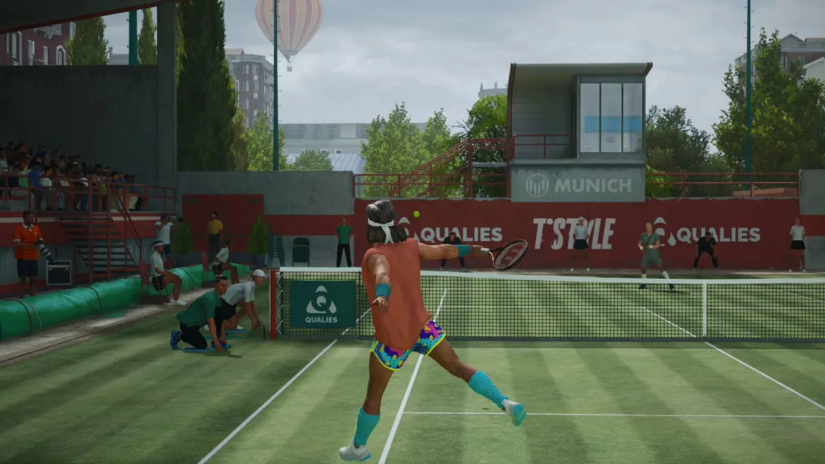 A created character in Top Spin 2K25 returns a big hit on the court.