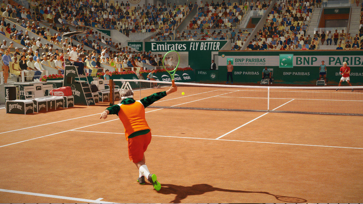 A created player hitting a return backhand in Top Spin 2K25
