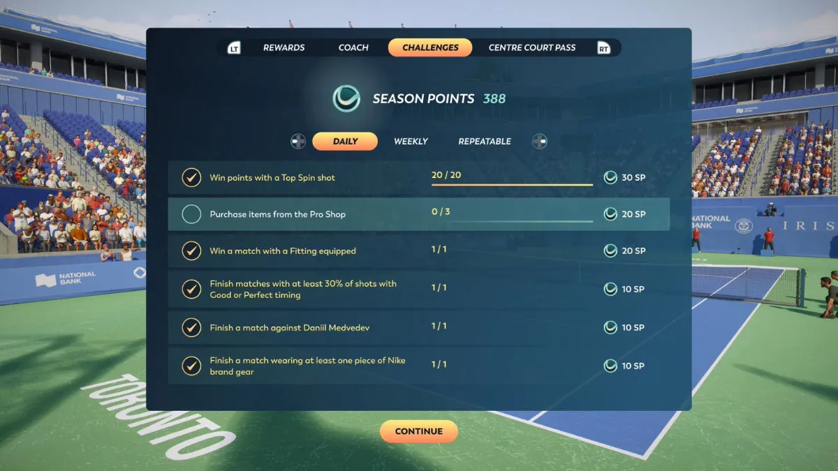 Leveling up the Centre Court Pass in Top Spin 2K25 by completing tasks 