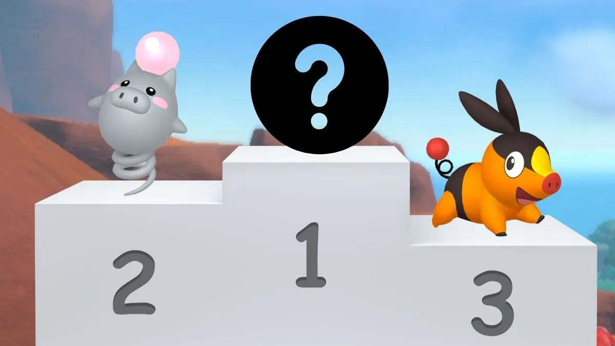 Image of an Olympic-style podium with pig Pokemon on top, a question mark over the first place slot