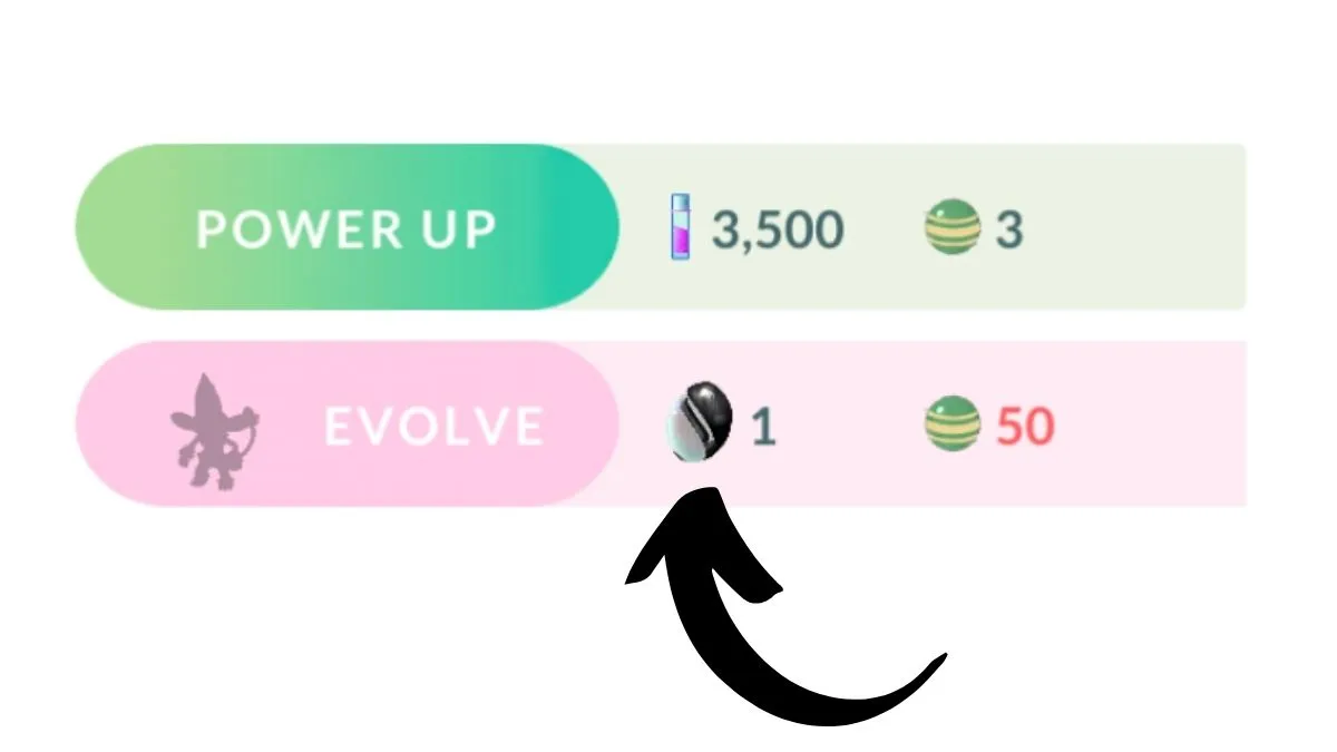Screenshot of evolution tab from Pokemon GO, with an arrow pointing to the Unova Stone