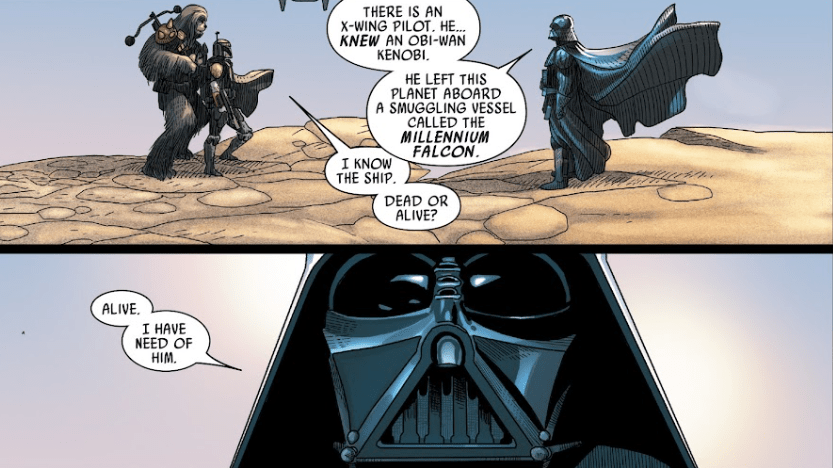 Vader confronting some bounty hunters. This image is part of an article about how Darth Vader learned Luke is his son in Star Wars.