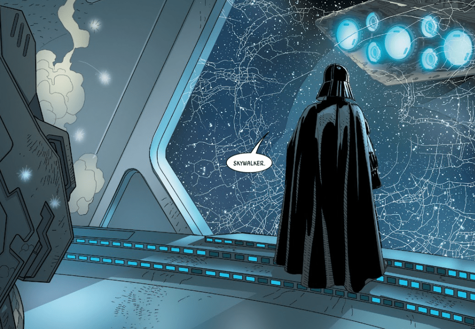 Vader saying Skywalker in Marvel Comics. This image is part of an article about how Darth Vader learned Luke is his son in Star Wars.