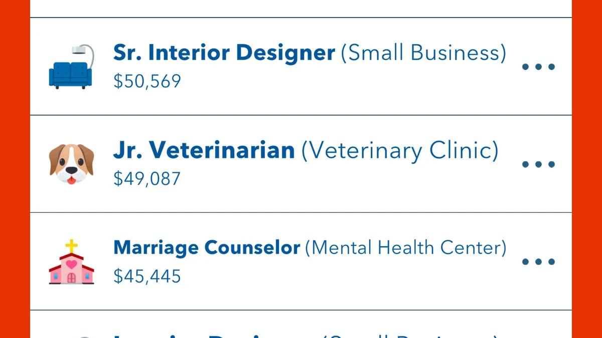Una lista de trabajos disponibles en BitLife, incluido un puesto de veterinario