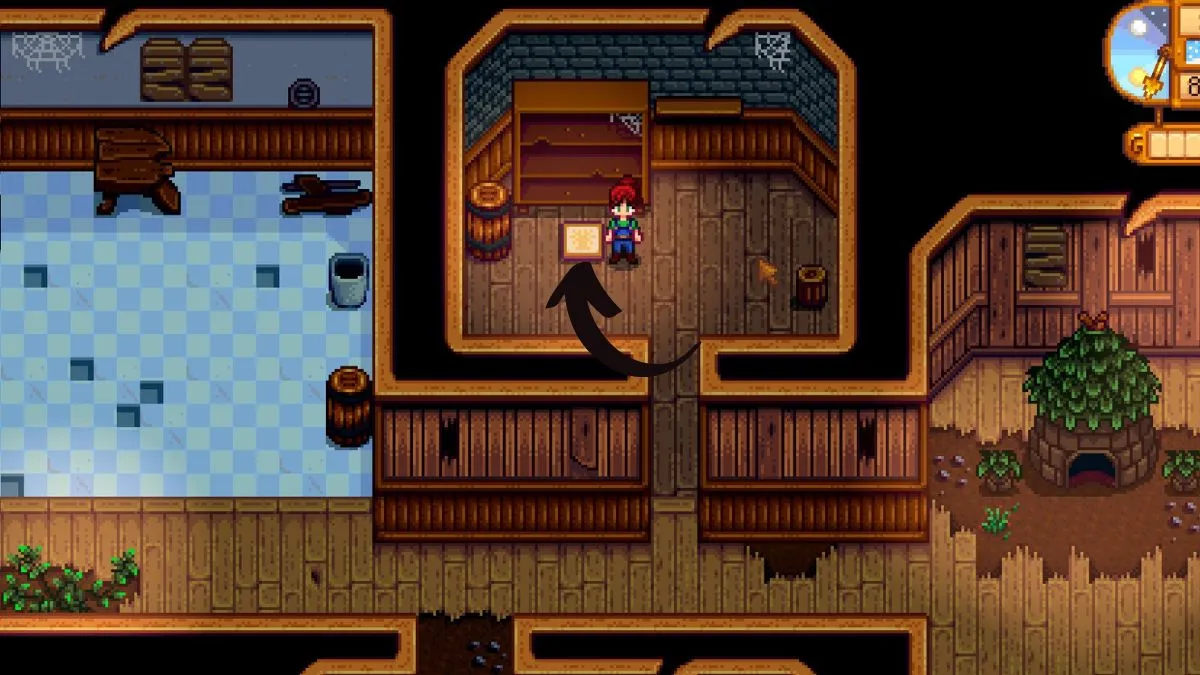Screenshot of the community center interior in Stardew Valley, with an arrow pointing to the pantry bundle scroll