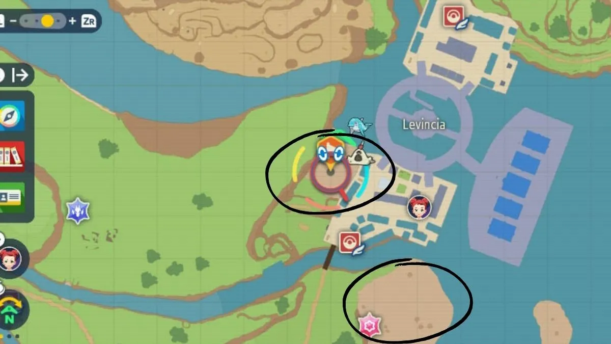 Captura de pantalla del mapa del juego de Scarlet & Violet, con dos ubicaciones de playa marcadas con un círculo