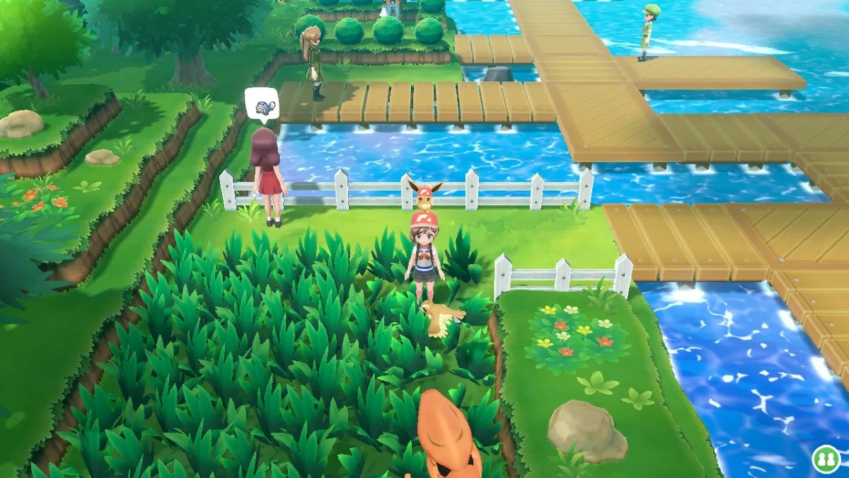 Screenshot from Pokemon Let's Go Eevee, showing the trainer walking into tall grass with Pokemon spawns visible