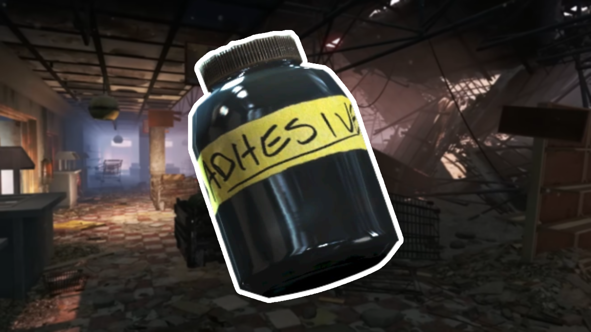 An enlarged image of Adhesive against the backdrop of a grocery store found in Fallout 4.