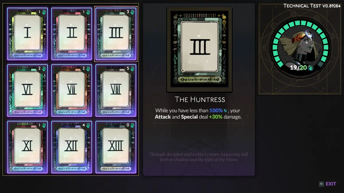 The tarot card menu in Hades 2, with all the tarot cards unlocked