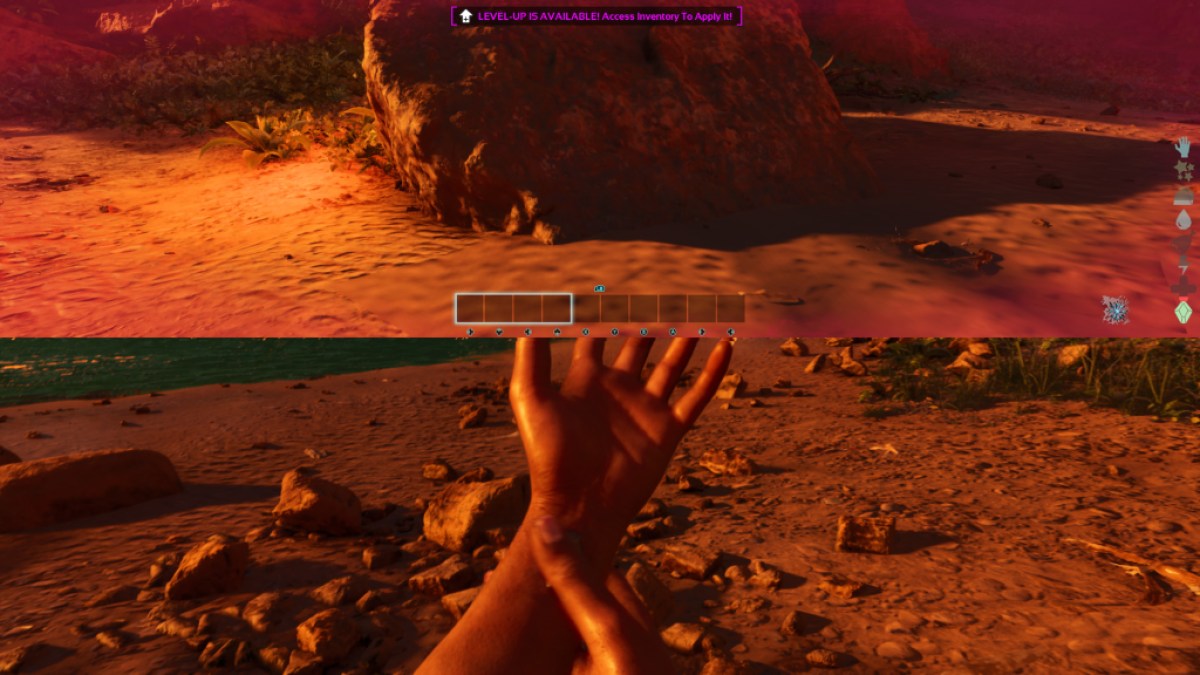 Ark: Survival Ascended in split-screen mode, with a red/orange desert landscape split horizontally. 