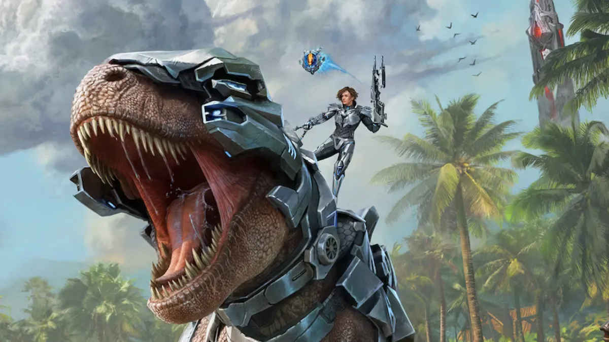 Ark: Survival Ascended, with a woman riding a dinosaur.