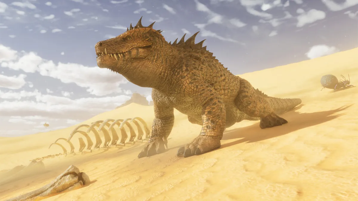 Ark: Survival Ascended with a giant lizard-like creature walking through a desert.