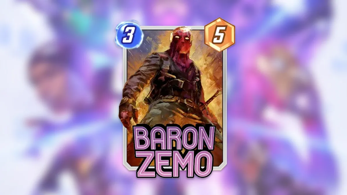 An image showing the Baron Zemo card in Marvel Snap against a blurred game background as part of an article on the best decks featuring the card.
