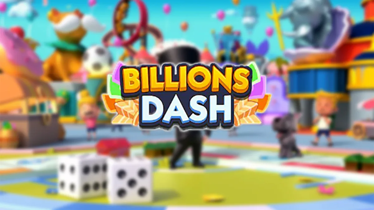 A custom header image showing the Billions Dash logo over top of a generic image of Mr Monopoly next to a pair of dice as part of a list of all the rewards and milestones available during the Billions Dash tournament.