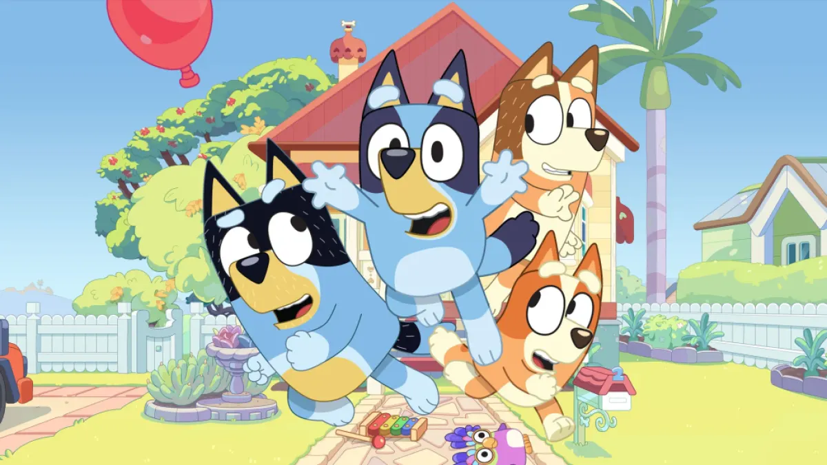 Bluey and his friends burst outside a house