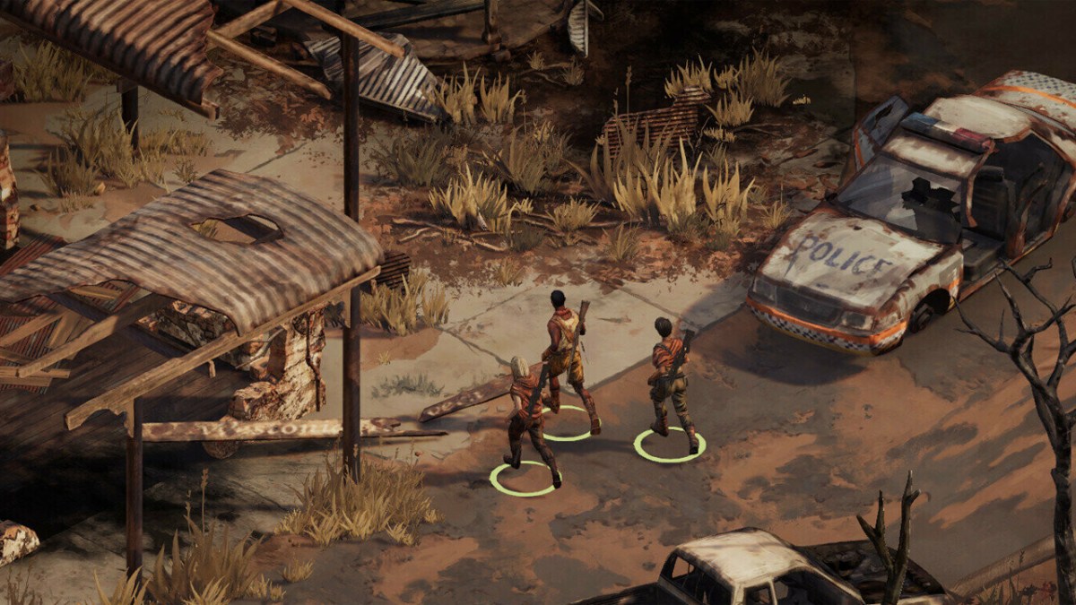 Broken Roads, a post-apocalyptic outback with three characters standing near some broken cards.
