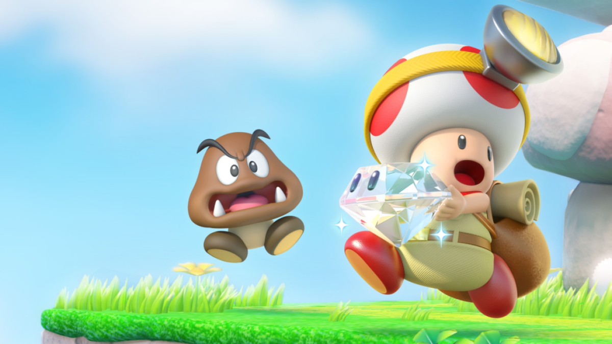 Captain Toad carries a diamond as a Goomba watches