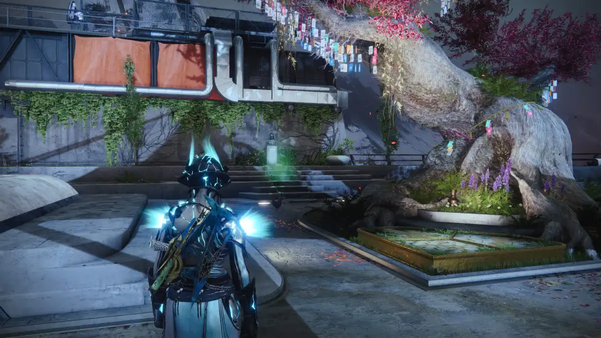 An image of Cayde's Memorial in the courtyard of the Tower in Destiny 2
