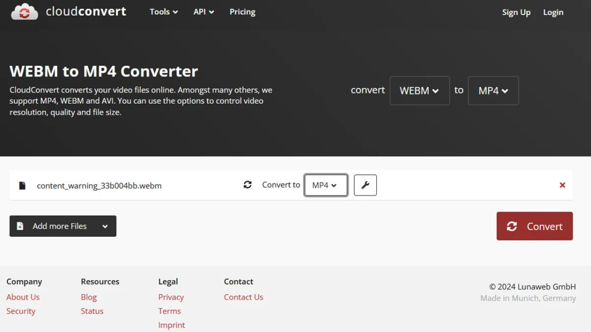 Clout convert, a file conversion website, with the name of a content_warning file on-screen and a convert box. 