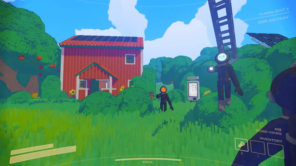 Humanoid figures in spacesuits standing on a green lawn in front of a small house in Content Warning.