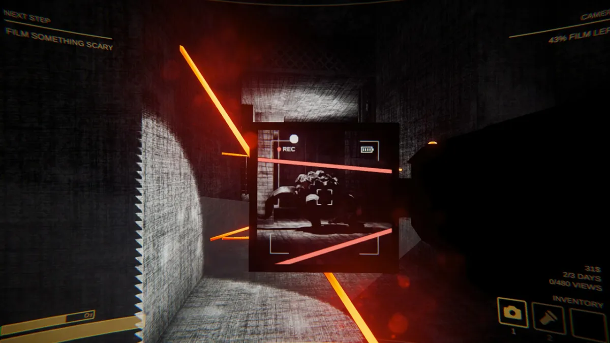 A monochrome room with the player using a camera to film laser beams in Content Warning.