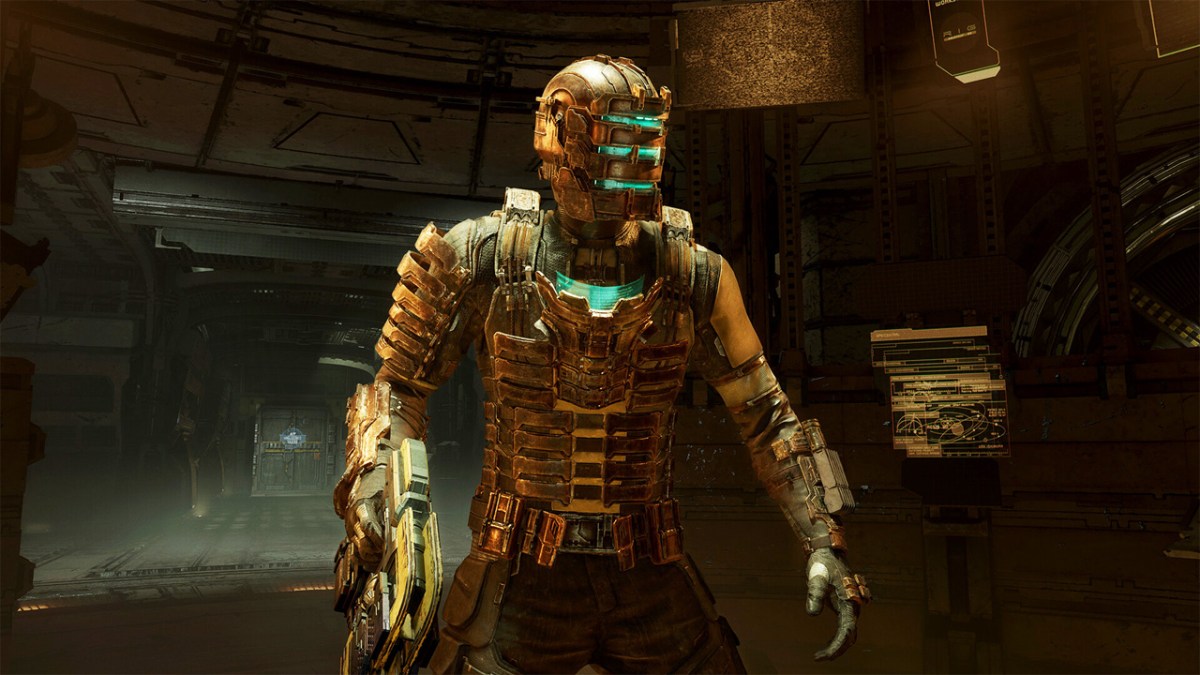 Dead Space, with a man in a brass spacesuit, in a darkened spaceship.