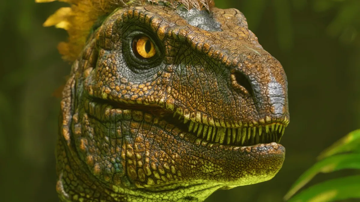 Ark: Survival Ascended, a velociraptor looking right, with a yellow glowing eye.
