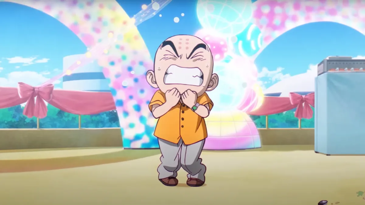 A young Krillin panics. This image is part of an article about whether there is a Dragon Ball Daima release date.