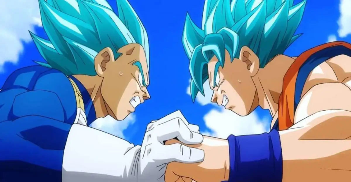 Vegeta and Goku grapple at Super Saiyan Blue
