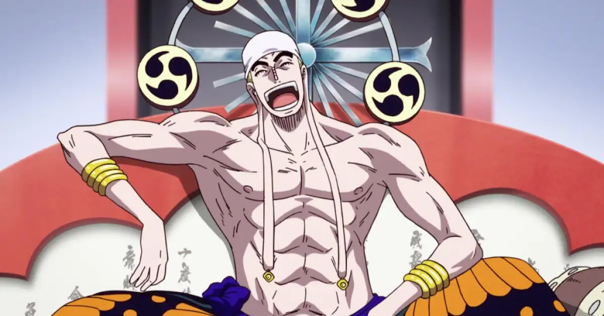 Enel sitting down in One Piece. This image is part of an article about all major One Piece Arcs & Sagas, ranked.
