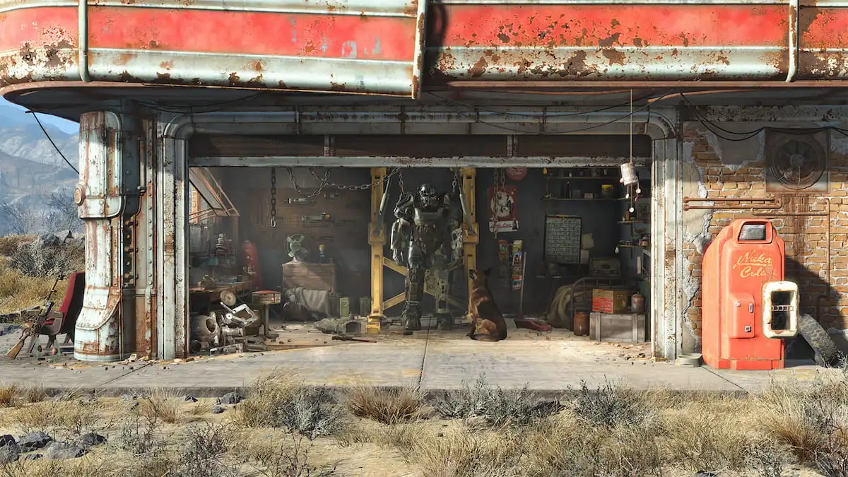 Power Armor hanging in a workshop