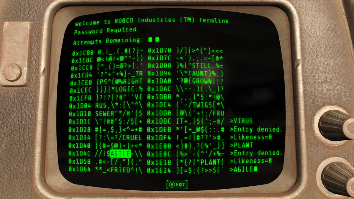 Fallout 4, a old-fashioned computer monitor with green writing on it.