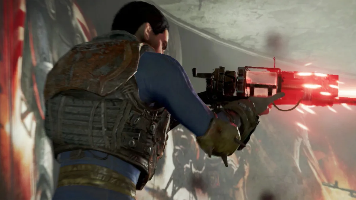 Fallout 4, a character firing a red laser weapon, facing right.