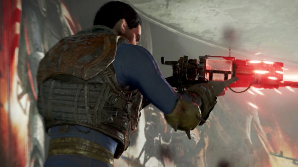 Fallout 4, a character firing a red laser weapon, facing right.