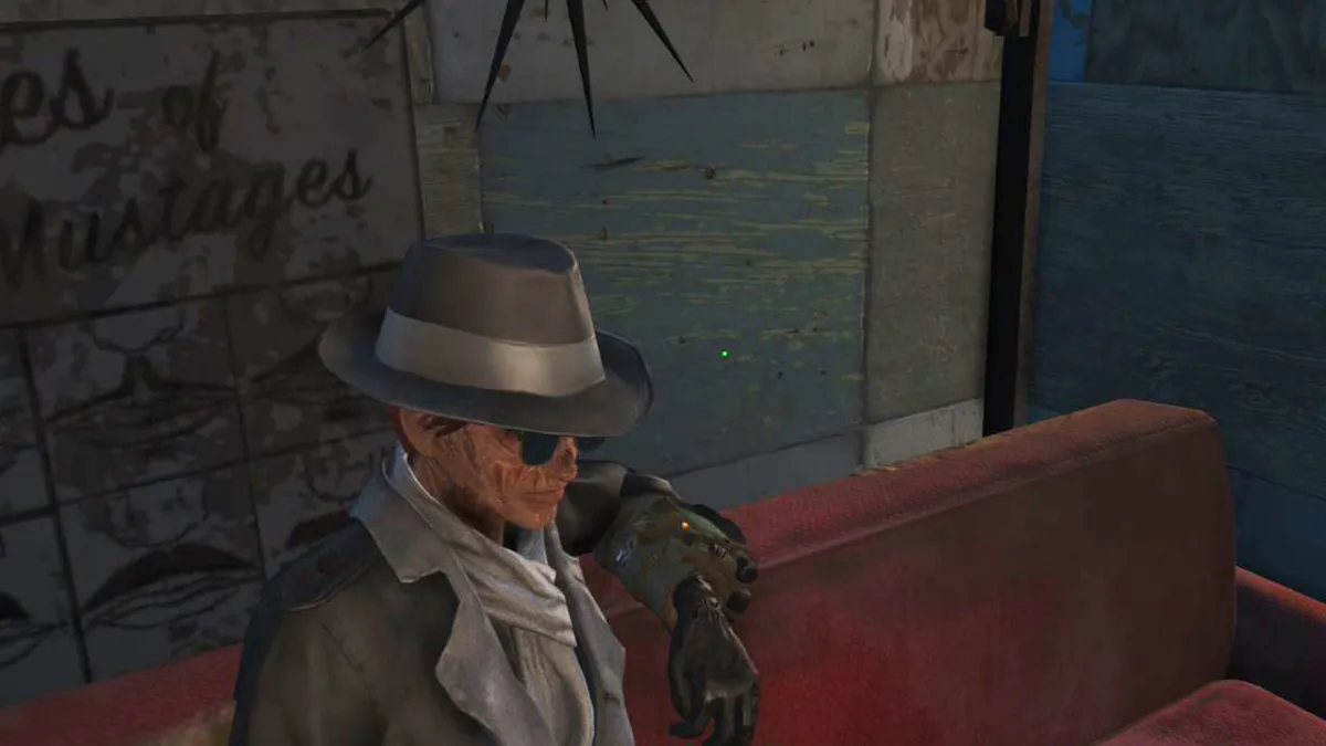 A woman dressed in a trenchcoat and hat sitting on a bench in Fallout 4.