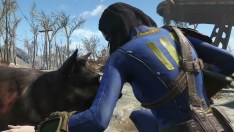 Fallout 4, a woman in a blue and yellow vault suit petting a dog.