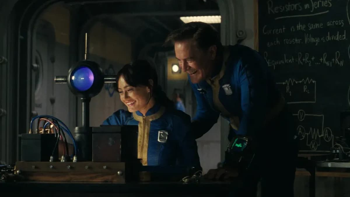 a still of lucy and hank hanging out in vault 33 in fallout