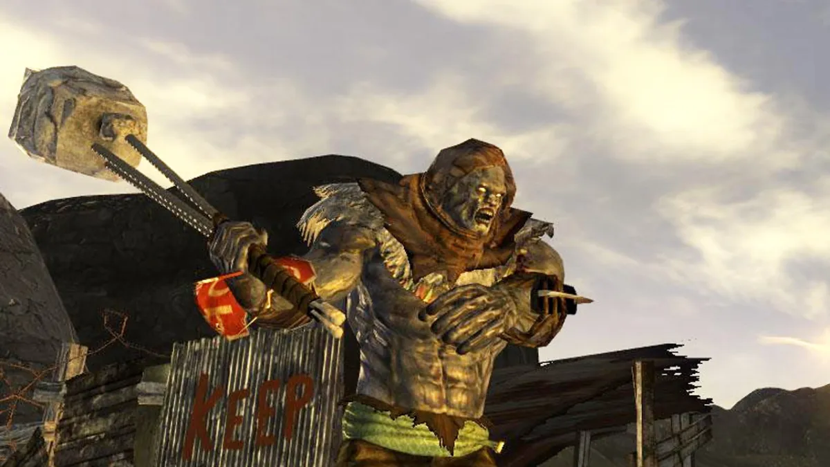 A grey, hulking supermutant holding a club in Fallout: New Vegas.