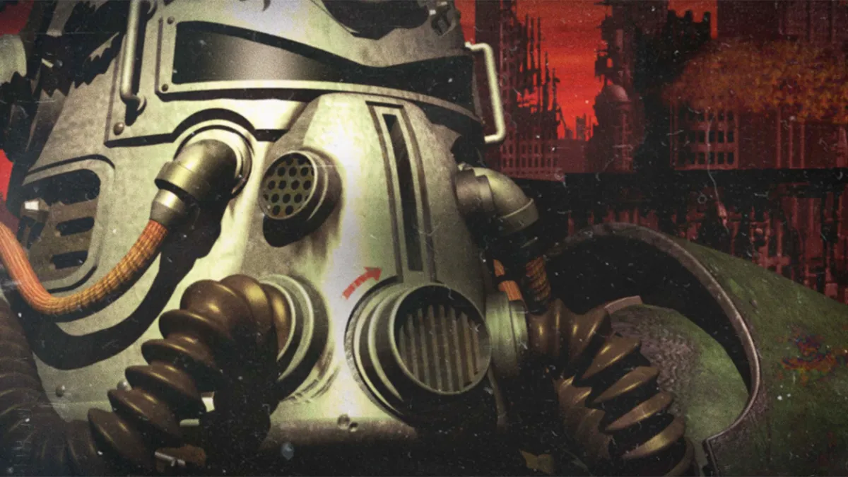 Fallout, a close up view of a Brotherhood of Steel knight, wearing a helmet. 