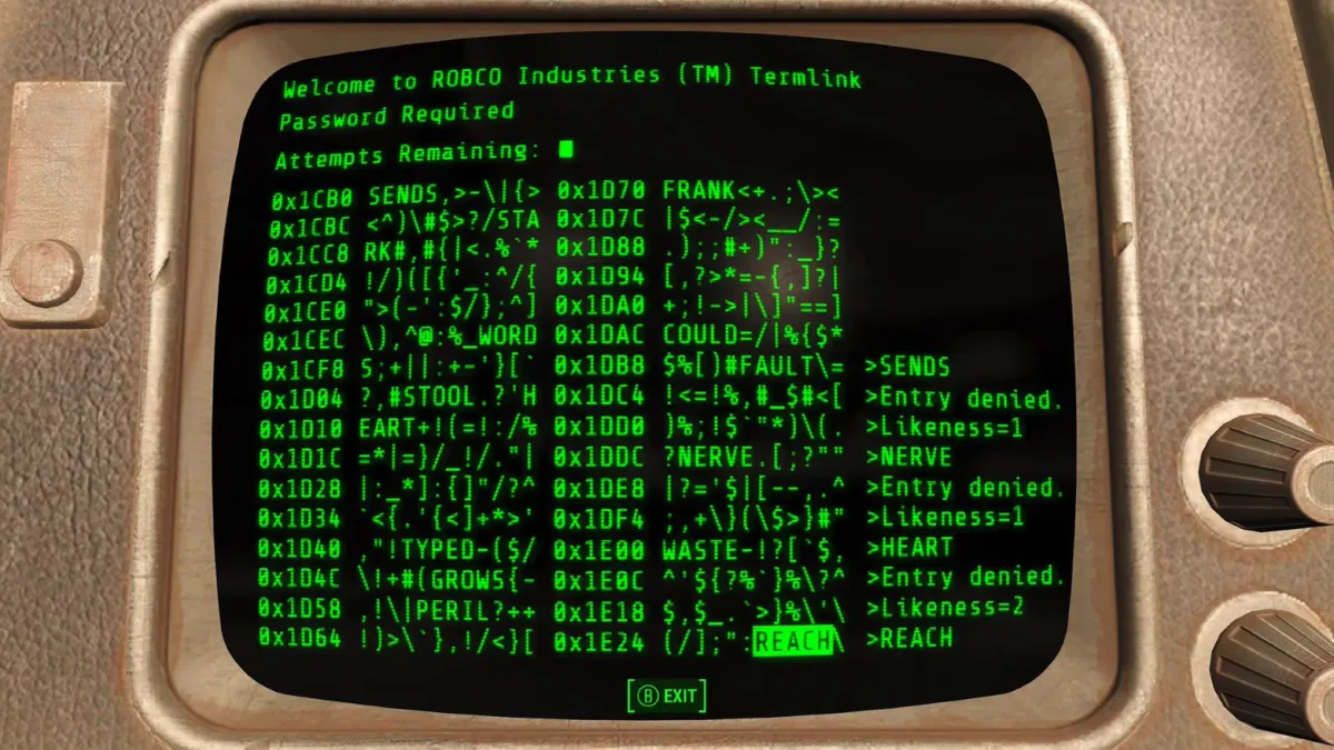 An old fashioned computer monitor, with green random-looking text in Fallout 4. 