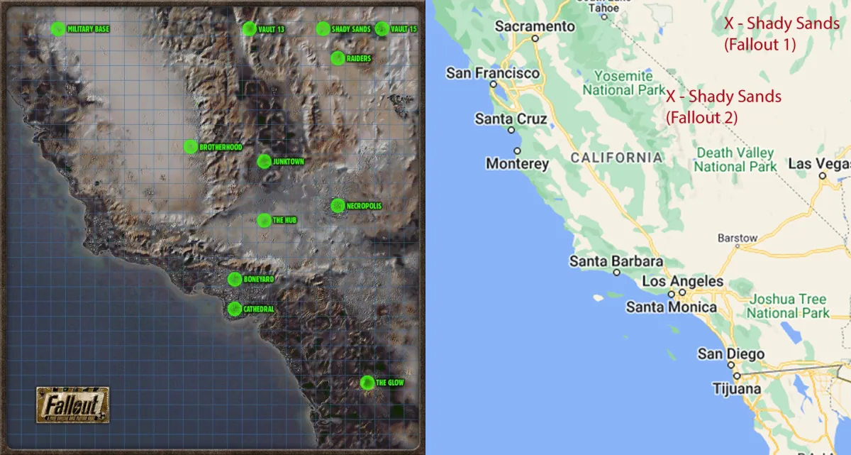 A map on the left showing Fallout 1's locations and a Google Map on the right, with crosses showing where Shady Sands might be. 
