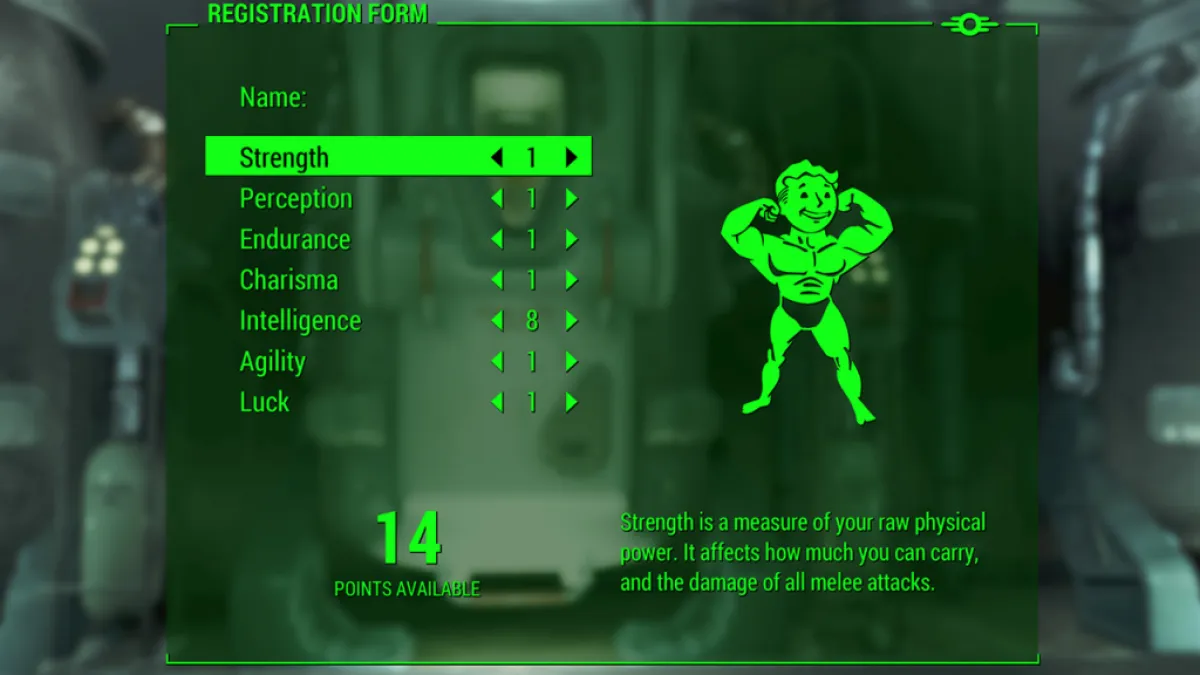 A green screen with several statistics including strength, perception and more. 
